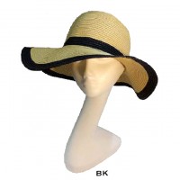 Wide Brim Paper Straw Hats – 12 PCS w/ Color Band & Trim - Black - HT-6039BK